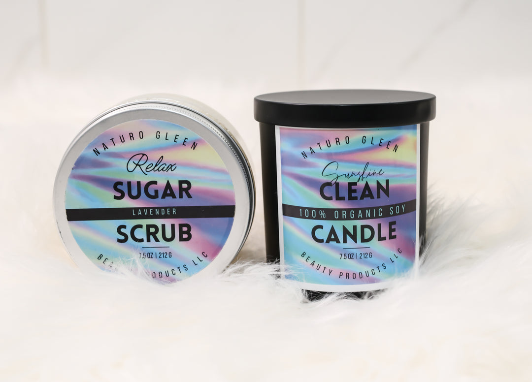 Combo Pack - Lavender Sugar Scrub Body Scrub and Sunshine Clean 100 % Organic Soy Candle