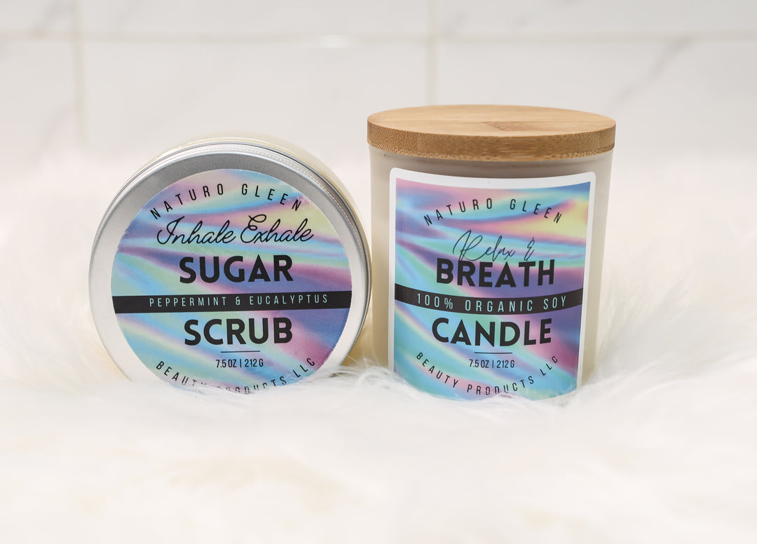 Combo Pack - Peppermint & Eucalyptus Sugar Scrub Body Scrub and Relax & Breath 100% Organic Soy Candle